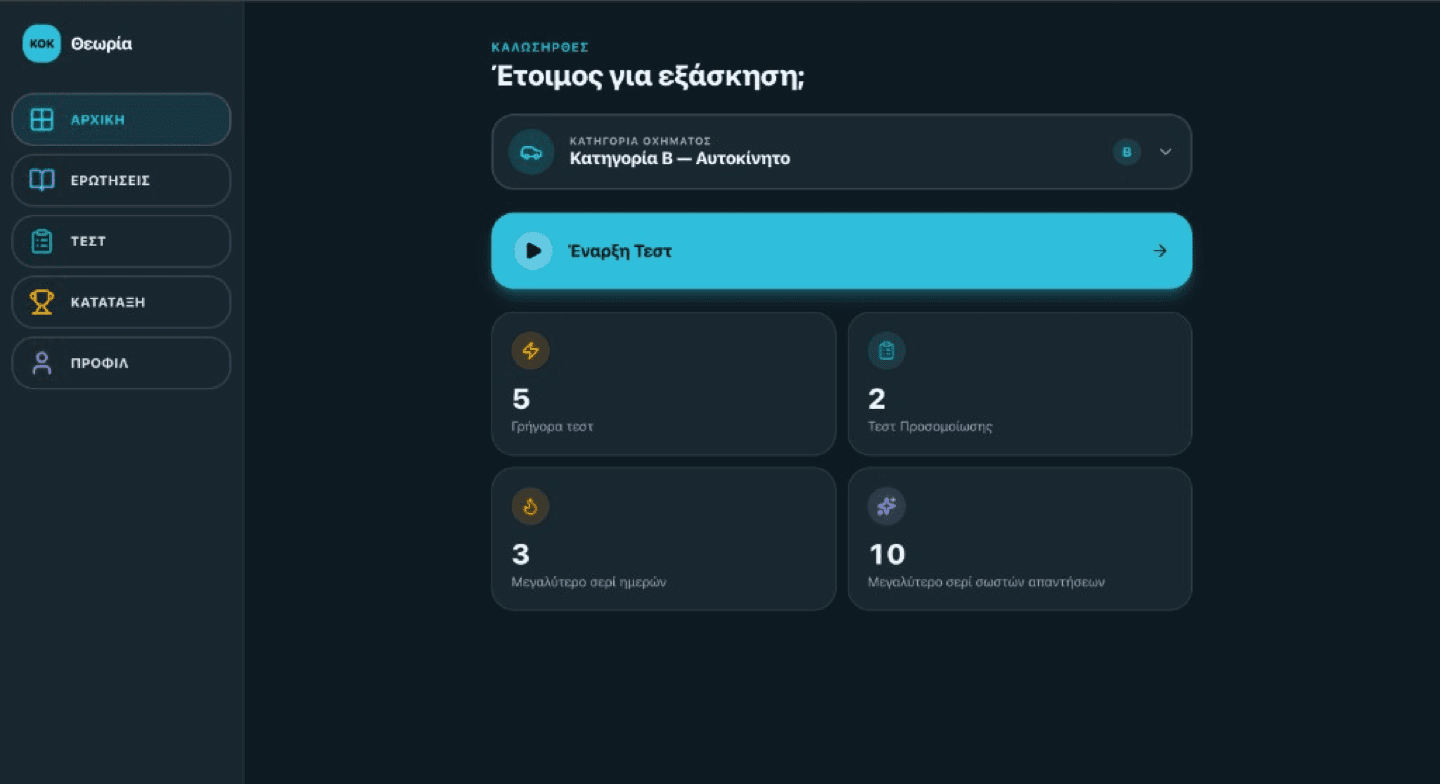 ΚΟΚ Θεωρία — Greek driving-theory PWA I built: practice by topic, timed mocks, streaks, ranking. Live product with accounts.